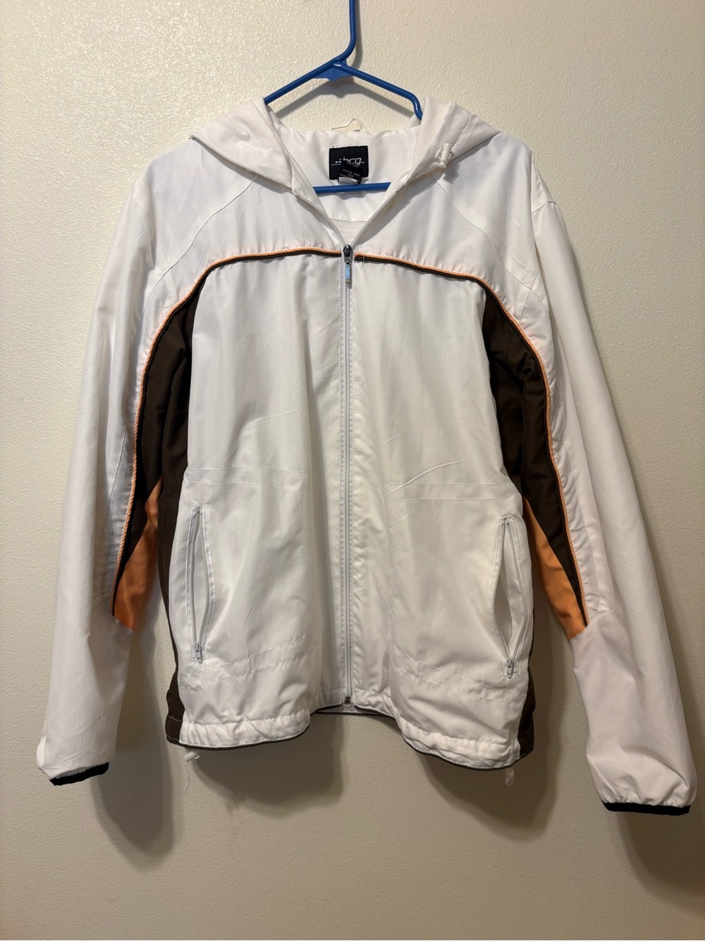Woman’s white Hooded Windbreaker Jacket with Brown & Orange Panels